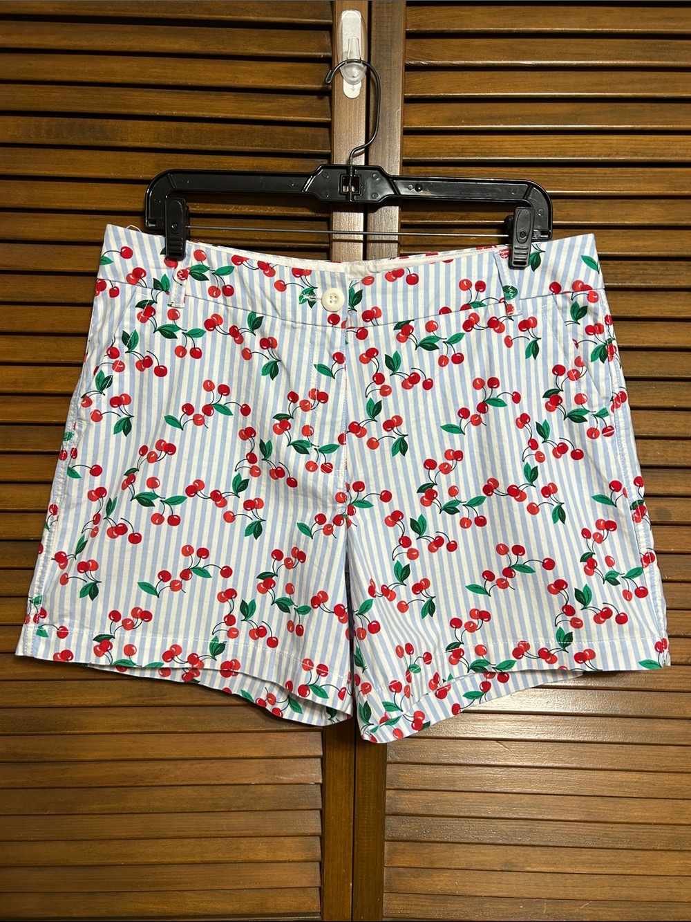 Crown & Ivy Blue & White Stripe Red Cherry & Green Leaf Print Shorts Size 10